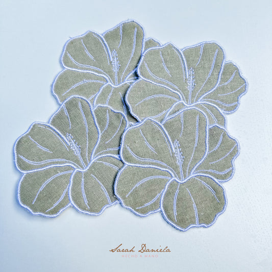 Set de 4 Servilletas de Cocktail/ Porta Vasos en Lino - Khaki con Blanco