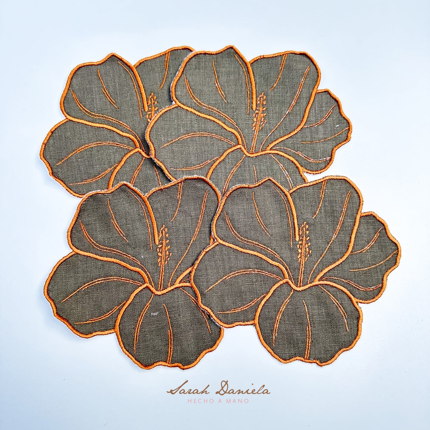 Set de 4 Servilletas de Cocktail /Porta vaso en Lino - Verde Oscuro con Naranja