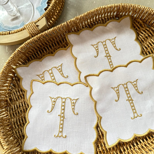 Set de 4 Servilletas de Cocktail en Lino con bordes - Blanco con Dorado