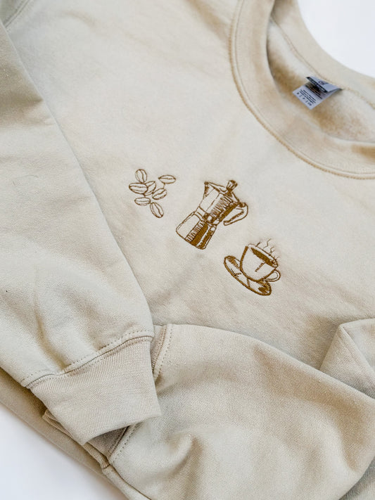 Coffee Lover Sweatshirt con imágenes de café Bordado - Crema